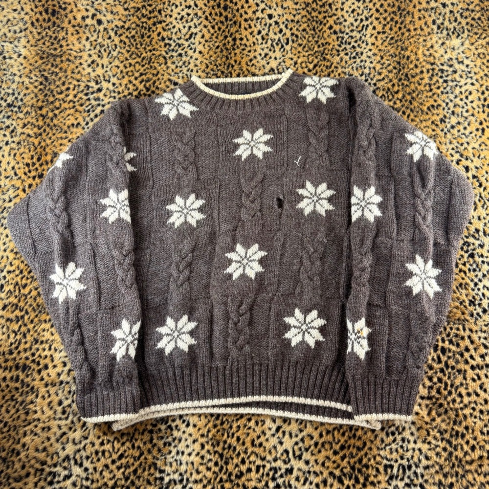 Vintage Lands End Mens Large Pure Wool Snowflake Cable Knit Sweater Brown UK